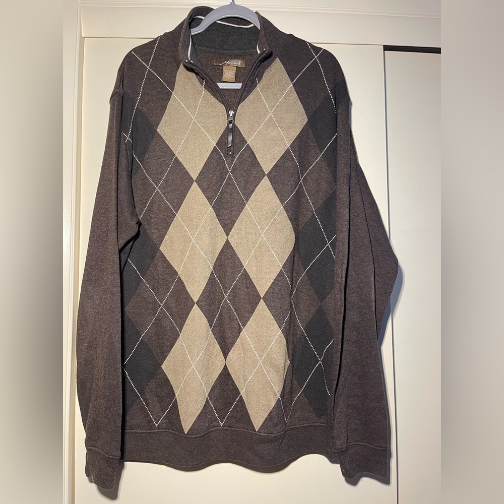 Men's Argyle Sweater - Brown and Tan 1/4 Zip size XL